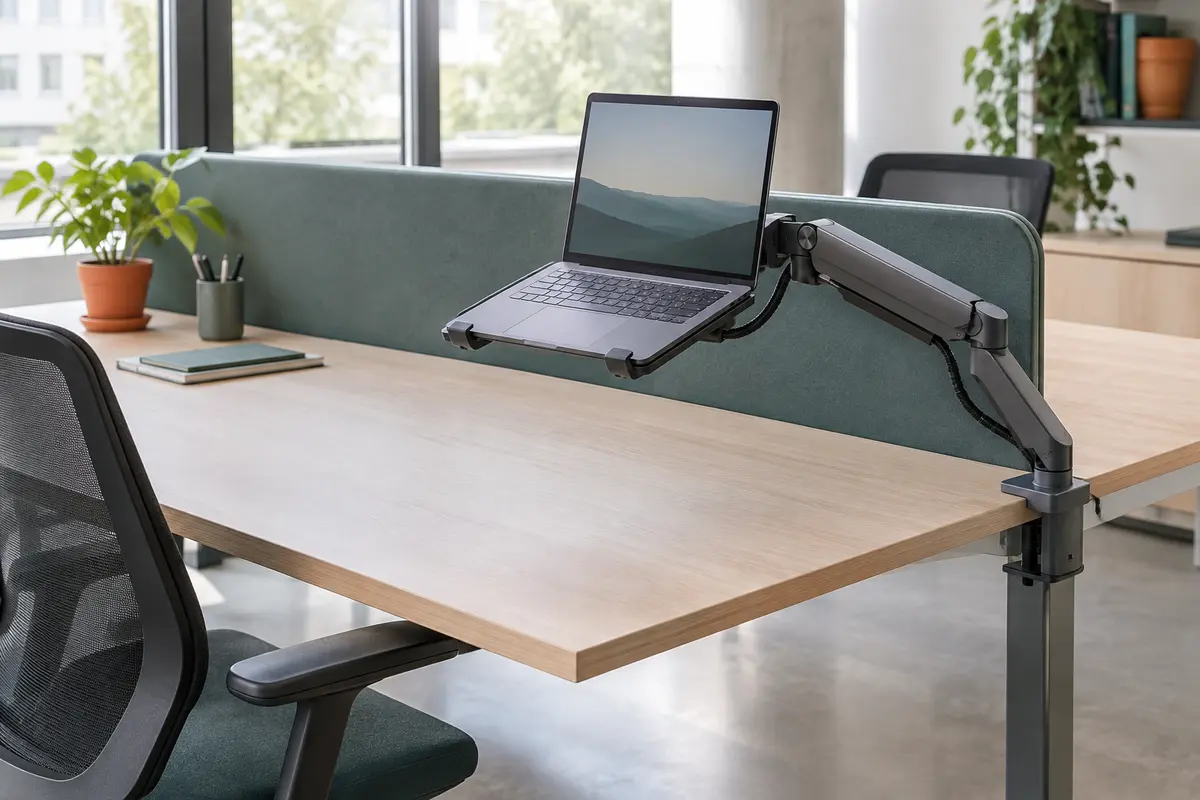 Bras articulé fixé au bord d’un bureau partagé, portant un ordinateur portable au-dessus d’un plan de travail dégagé.