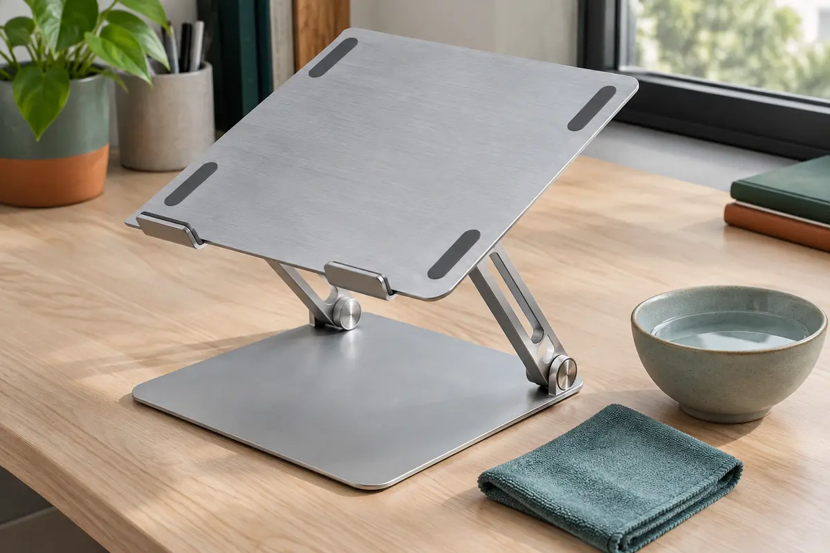 Support pour ordinateur portable en aluminium avec chiffon microfibre et patins visibles sur un bureau