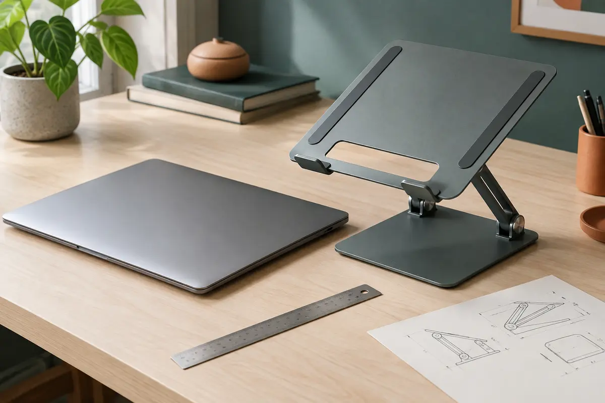 Ordinateur portable mesuré à côté d’un support, avec ports latéraux et grilles d’aération visibles