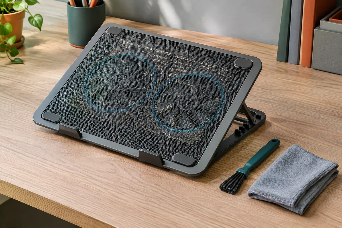 Support ventilé posé sur un bureau avec ses grilles et ventilateurs visibles, accompagné d’une brosse douce.