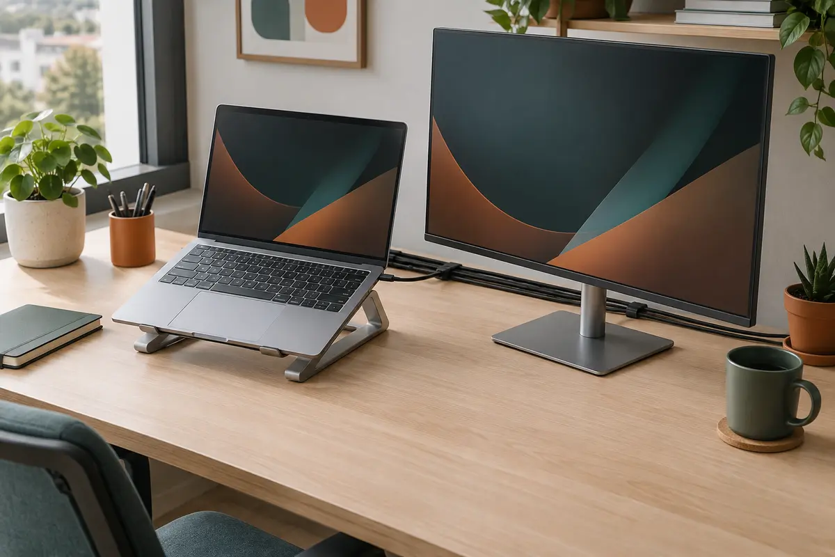 Ordinateur portable sur support et écran externe avec câbles guidés derrière un bureau dégagé