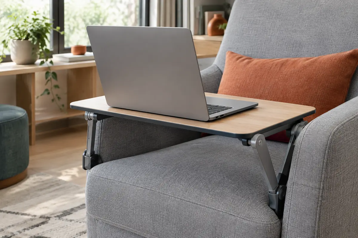 Plateau rembourré avec ordinateur portable posé sur un fauteuil, vu de près dans un intérieur lumineux.
