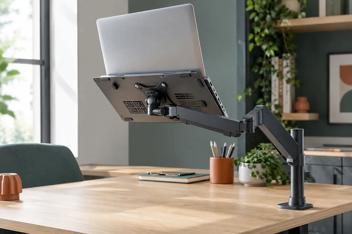 Ordinateur portable posé sur un plateau VESA fixé à un bras articulé de bureau