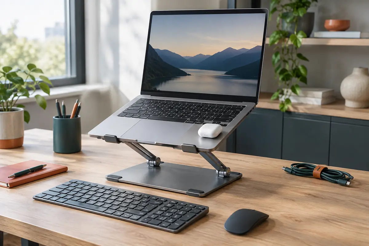 Ordinateur portable et accessoire posés sur un support réglable, avec la base et les appuis visibles.