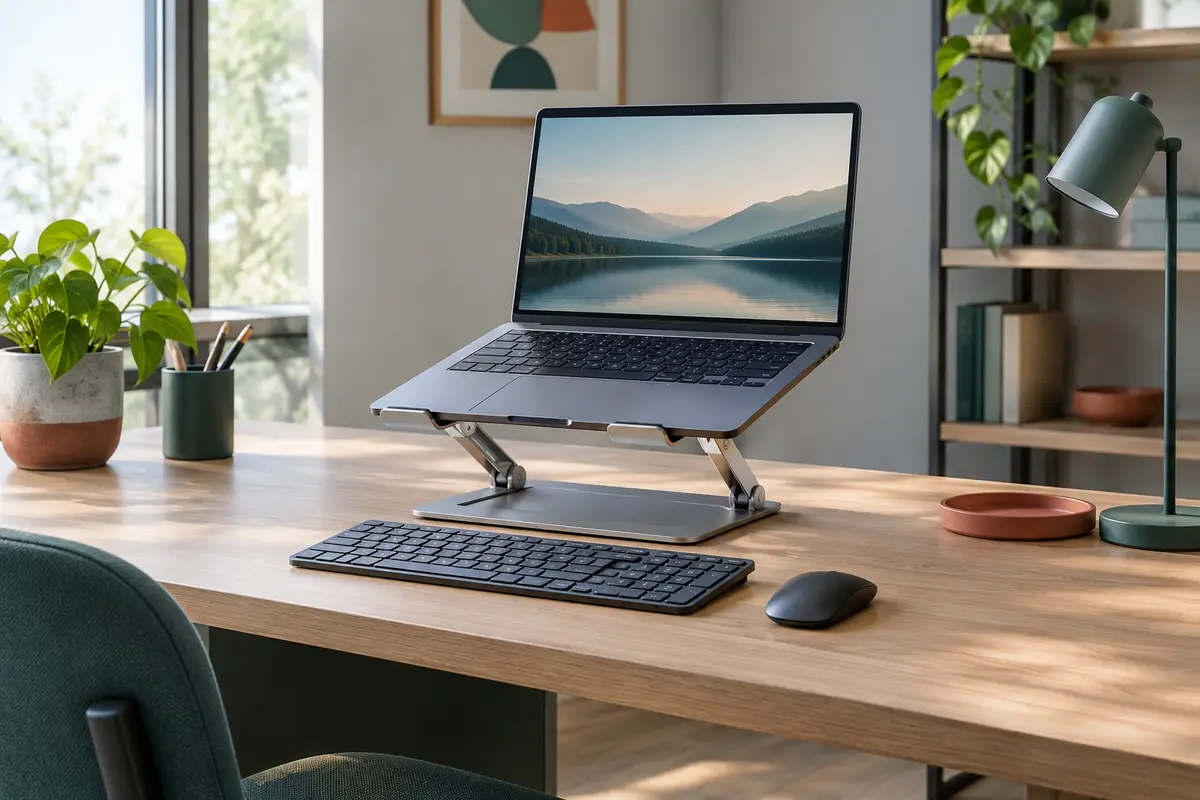 Ordinateur portable sur support réglable avec clavier externe et souris sur un bureau organisé