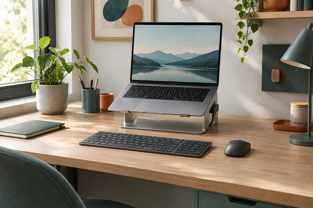 Petit bureau avec un portable sur support fixe surélevé et un clavier externe placé devant.