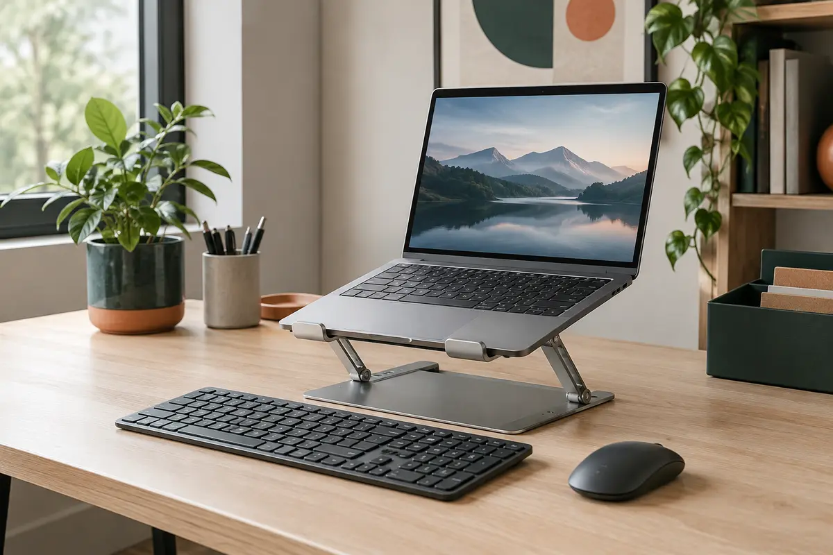 Ordinateur portable sur un support inclinable, avec clavier externe posé devant sur un bureau dégagé.