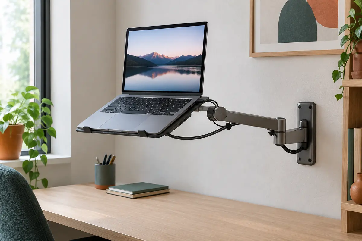 Ordinateur portable installé sur un support mural articulé au-dessus d’un bureau dégagé