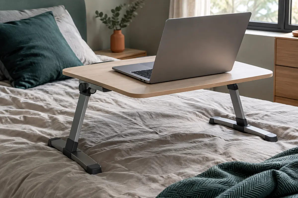 Ordinateur portable sur un support posé sur une table de lit rigide, au-dessus d’une couverture.