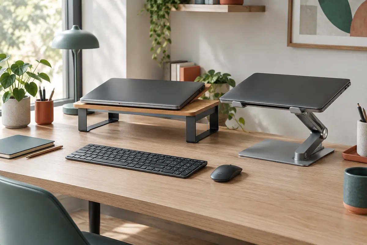 Deux ordinateurs portables sur des supports de bureau, l’un fixe et l’autre réglable en hauteur