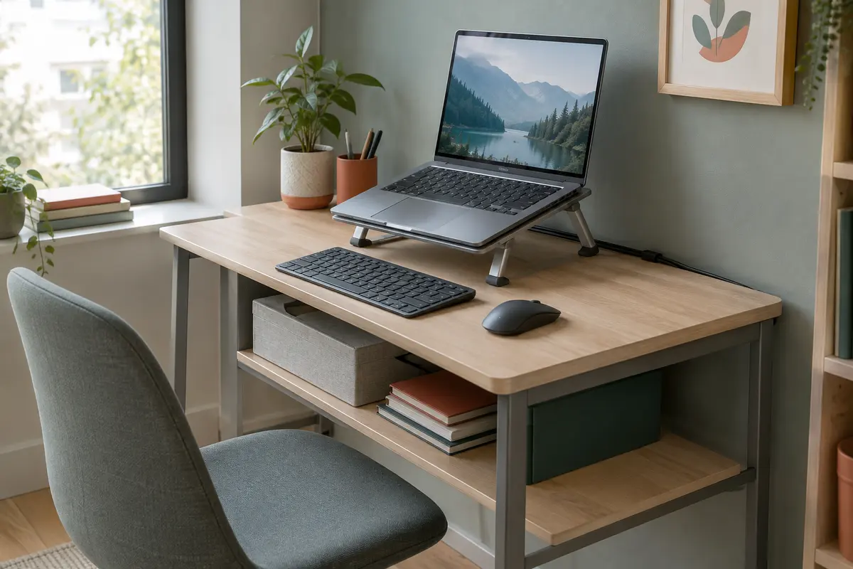 Petit bureau peu profond avec ordinateur sur support compact, clavier externe et câbles rangés
