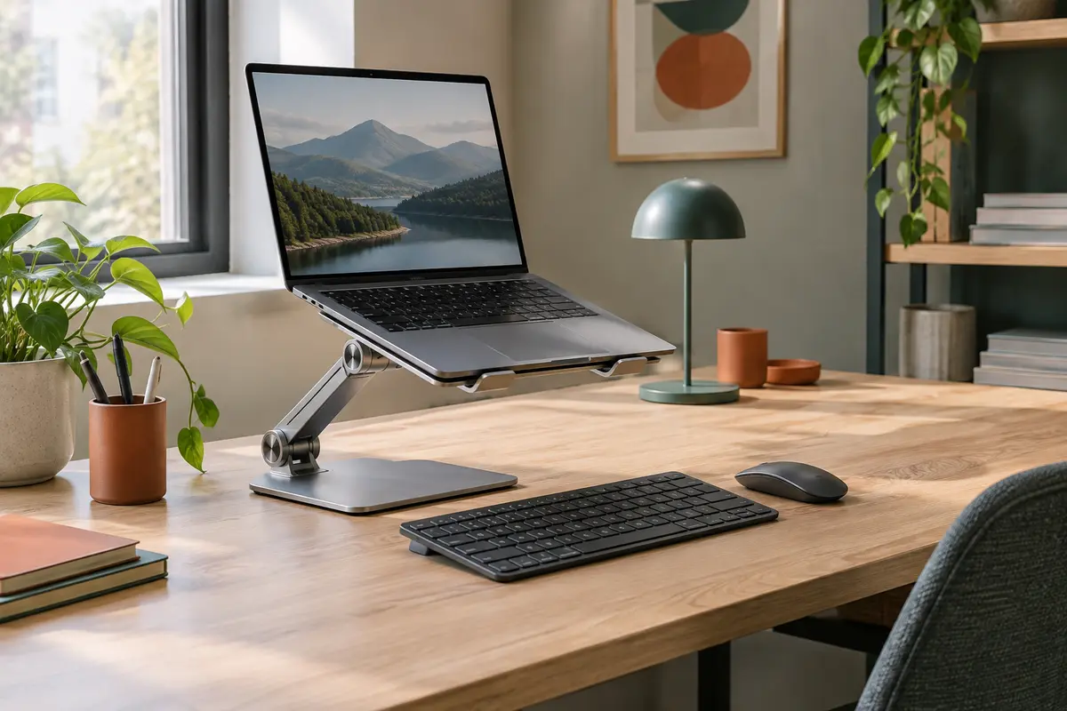Ordinateur portable sur un support réglable en hauteur, avec clavier externe sur un bureau dégagé