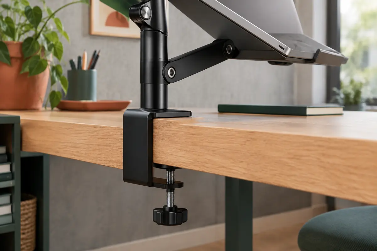 Pince métallique fixée au bord épais d’un bureau, avec la mâchoire et le dégagement sous le plateau visibles.