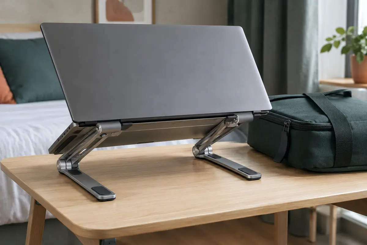 Support pliable pour ordinateur portable déployé sur une petite table, avec ses pieds en contact avec le plateau