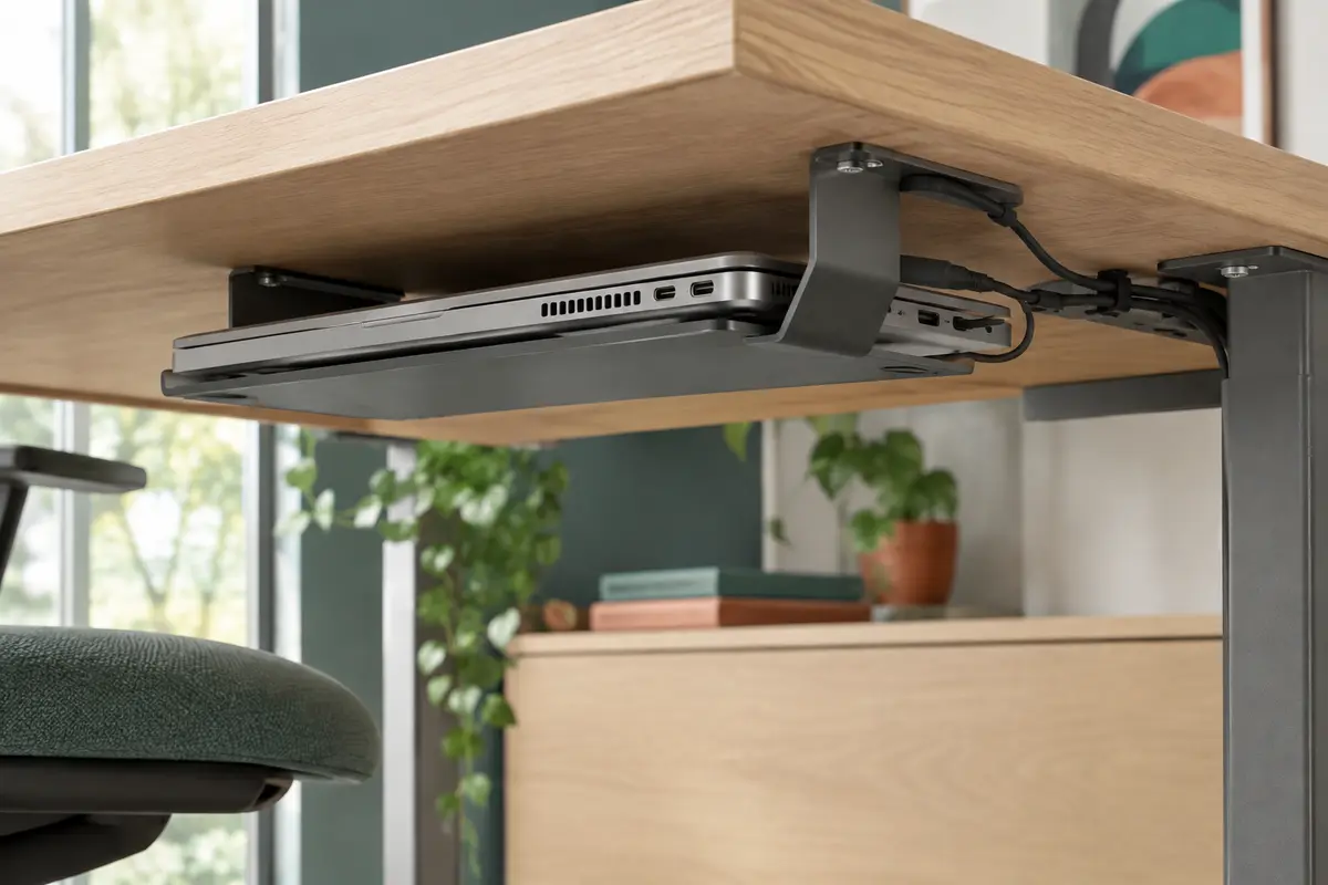 Ordinateur portable rangé sous un bureau, avec aérations dégagées et câbles guidés sans tension