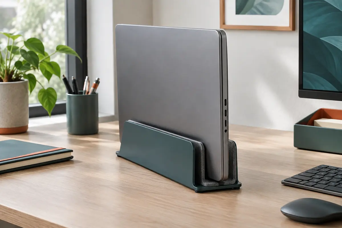 Ordinateur portable fermé rangé dans un support vertical rembourré, avec ses ports latéraux dégagés.