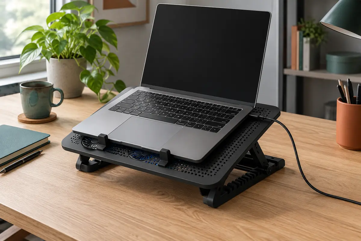 Ordinateur portable posé sur un support ventilé avec grille d’aération visible et câble USB branché