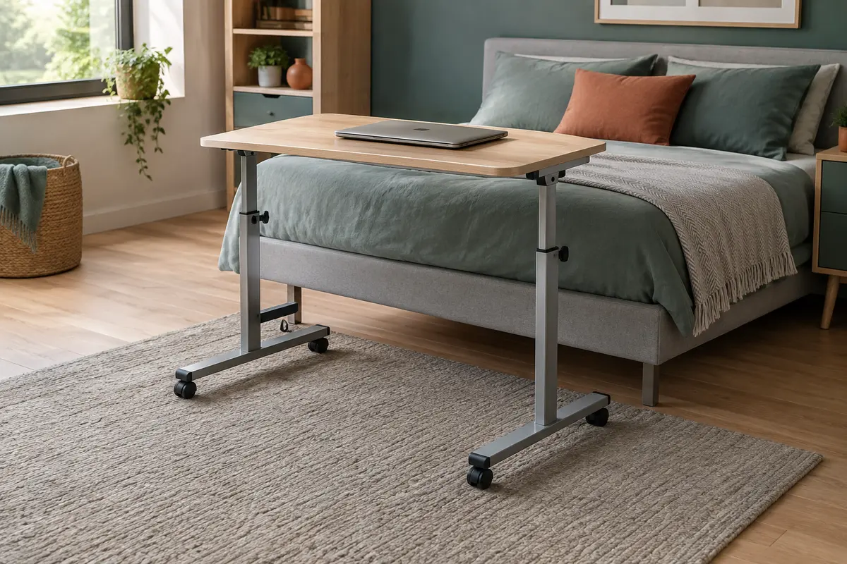 Table réglable pour ordinateur portable devant un lit, avec espace visible sous le cadre