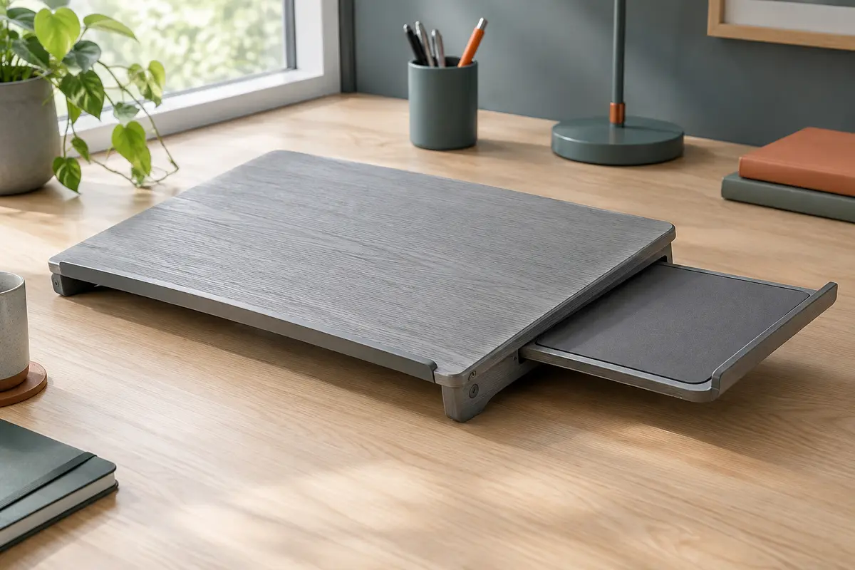 Plateau gris AboveTEK en bois avec tapis de souris rétractable déployé sur le côté