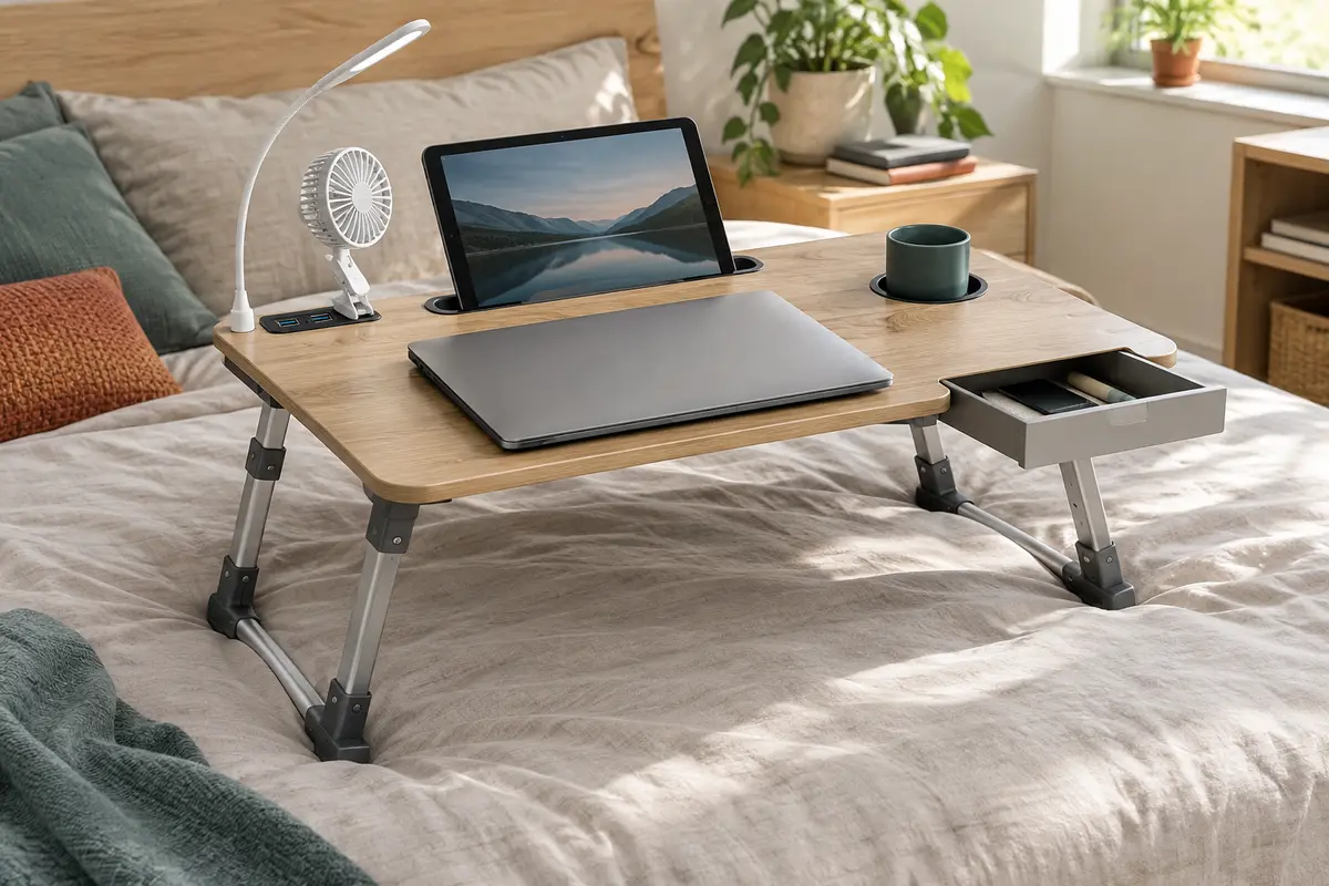 Table de lit pliable à plateau aspect bois avec ports USB, tiroir, support pour tablette et pieds en aluminium.