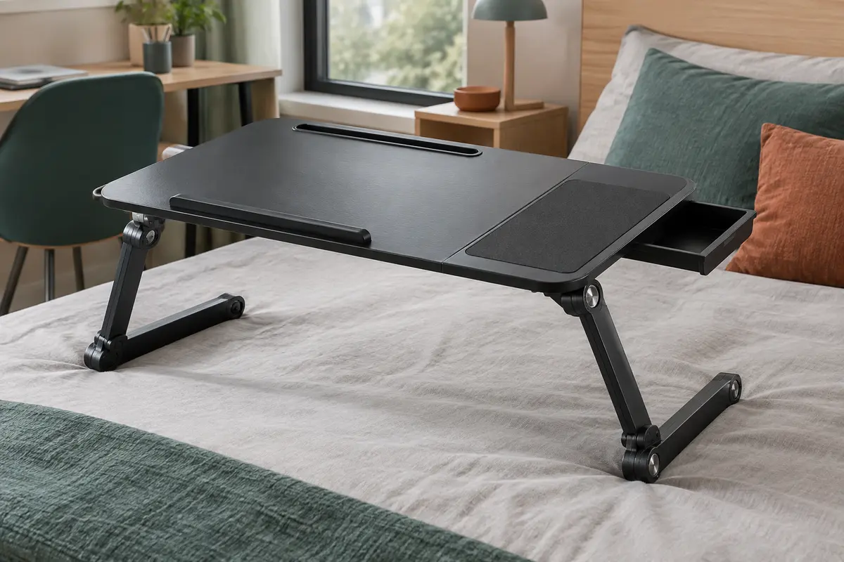 Table de lit AirOpen noire avec pieds pliables, plateau inclinable, tiroir et fente pour tablette