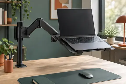 Plateau noir en acier monté sur un bras VESA, avec un ordinateur portable posé sur sa structure ouverte.