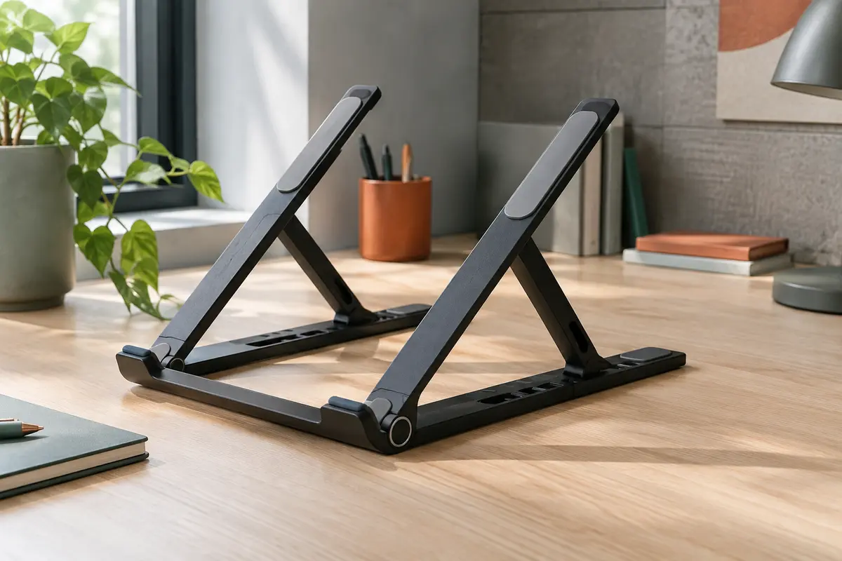Support pliable noir à huit positions, avec appuis en silicone, présenté ouvert sur un bureau en bois clair.