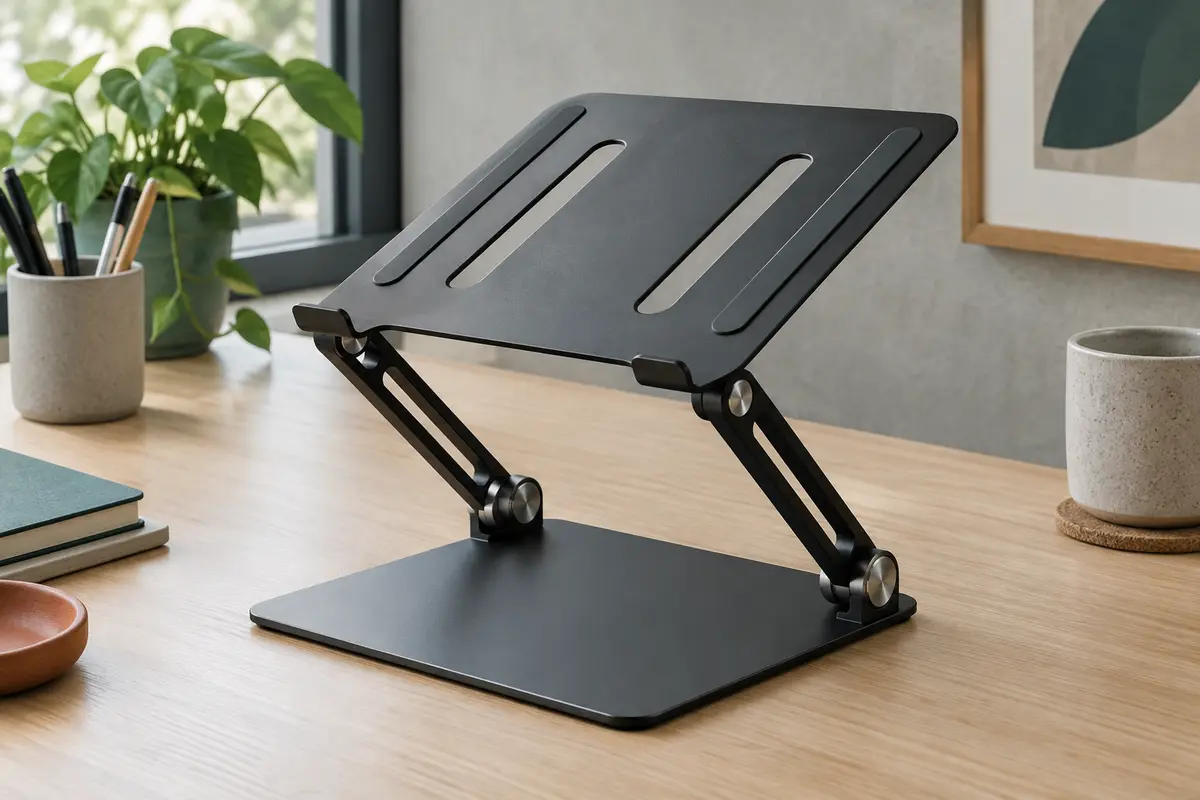Support Babacom en aluminium noir, pliable et réglable, présenté seul sur un bureau en bois clair.