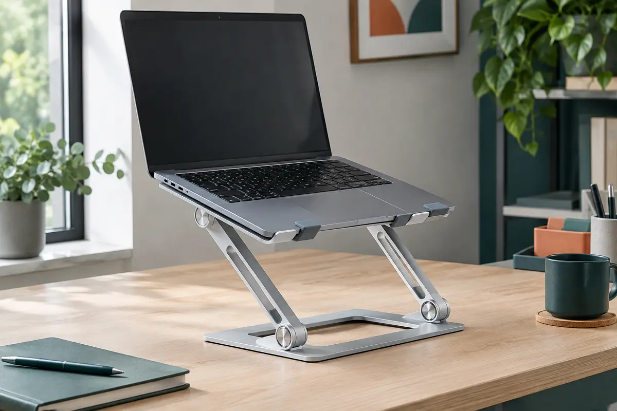 Support Babacom argenté à double barres, réglé en hauteur sous un ordinateur portable sur un bureau