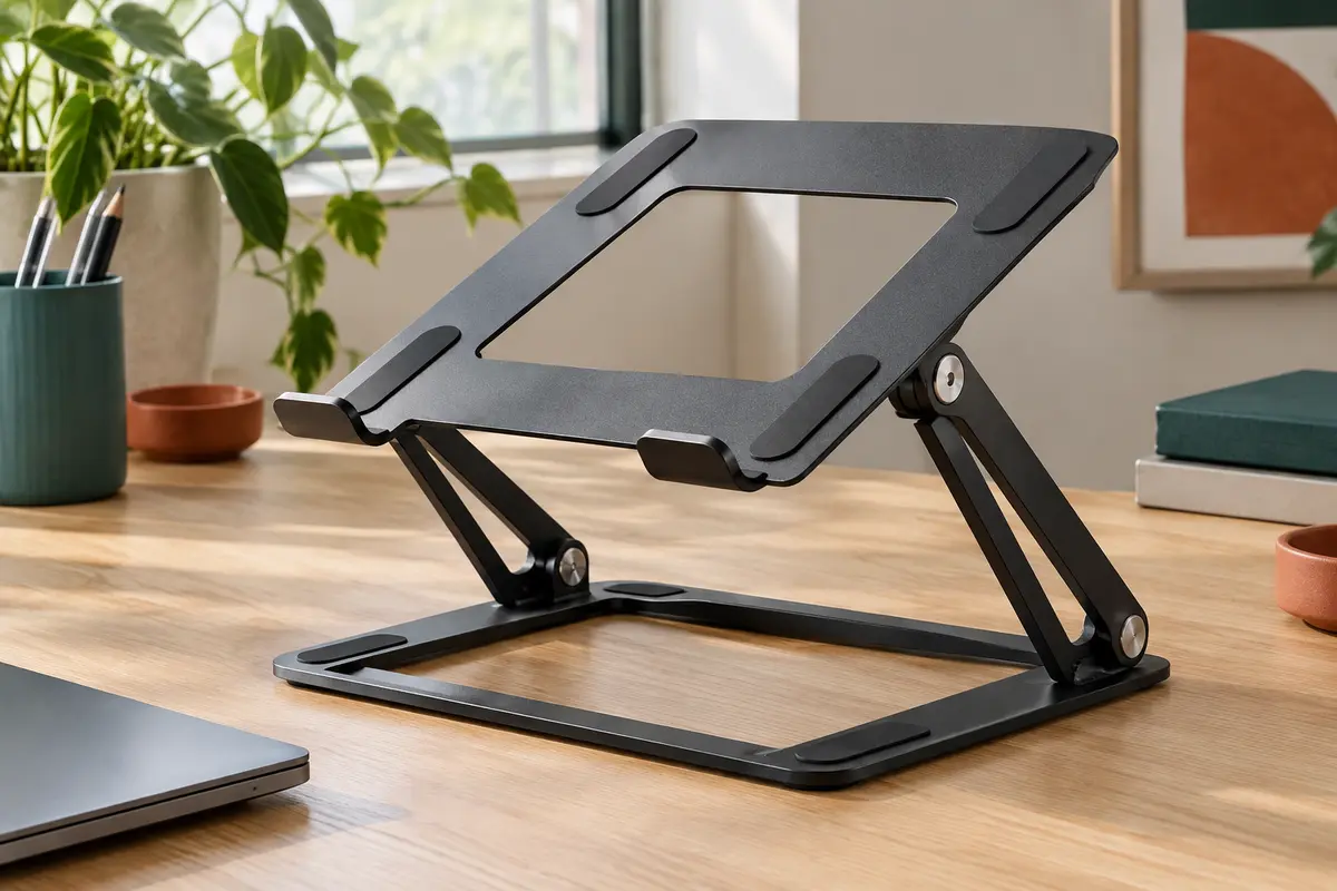 Support Babacom en aluminium noir, déployé sur un bureau avec sa structure triangulaire et ses crochets avant.