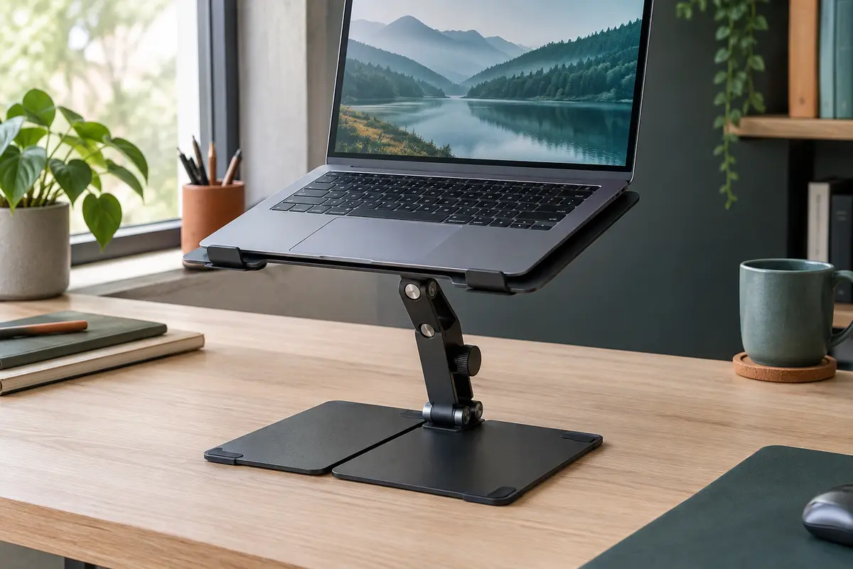 Support Babacom noir en aluminium, réglable en hauteur, installé sur un bureau avec un ordinateur portable