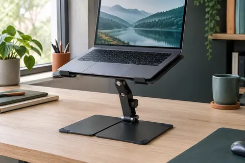 Support Babacom noir en aluminium, réglable en hauteur, installé sur un bureau avec un ordinateur portable