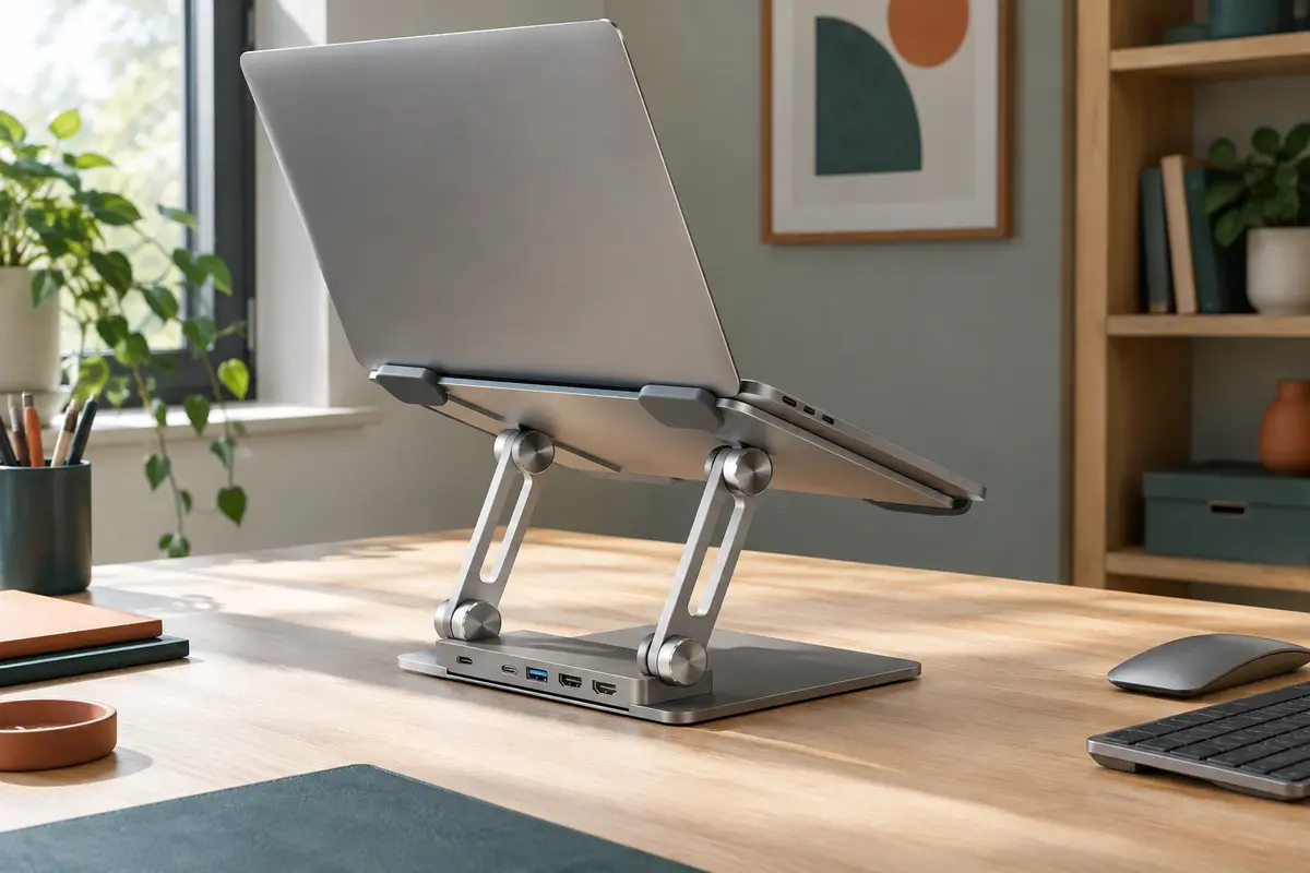 Support réglable en aluminium gris avec station USB-C intégré, posé sur un bureau en bois clair