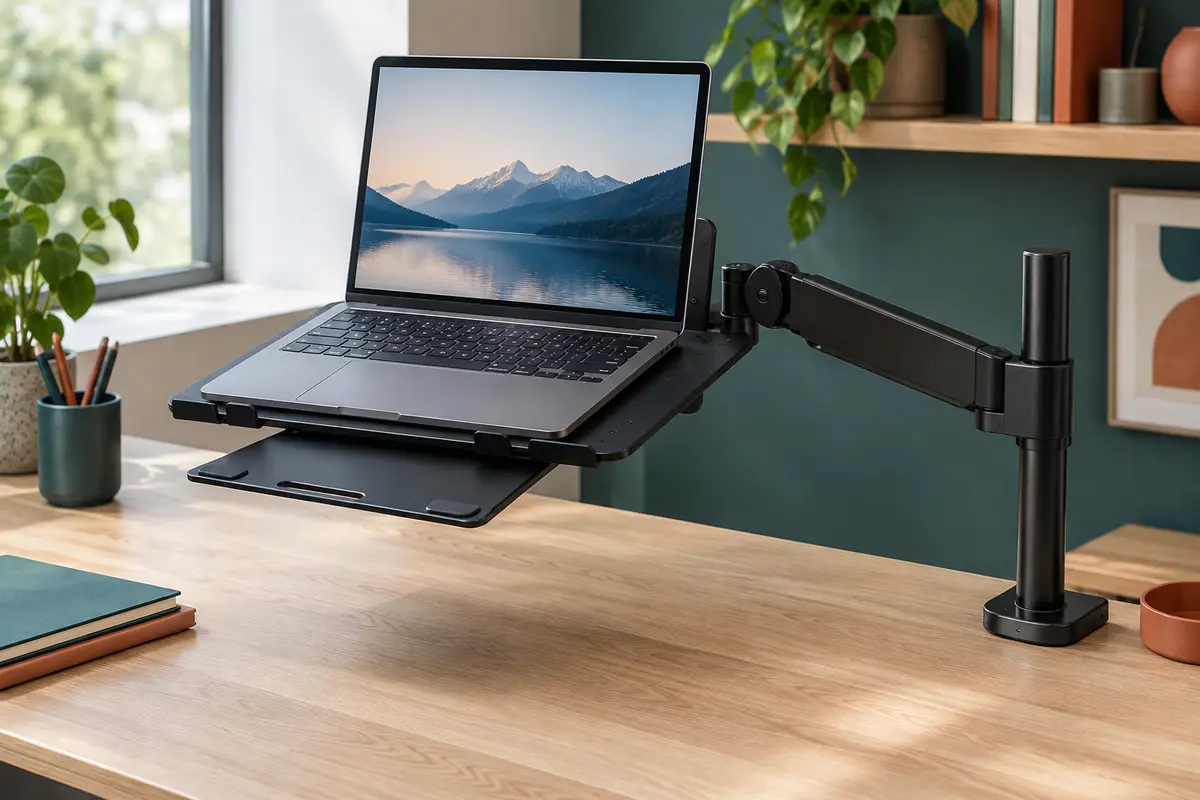 Plateau noir BenQ LTB01 pour ordinateur portable fixé à un bras d’écran dans un bureau sobre