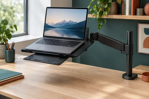 Plateau noir BenQ LTB01 pour ordinateur portable fixé à un bras d’écran dans un bureau sobre
