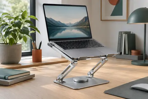 Support Besign LSX7 argenté avec ordinateur portable posé, articulations réglables et base rotative sur un bureau