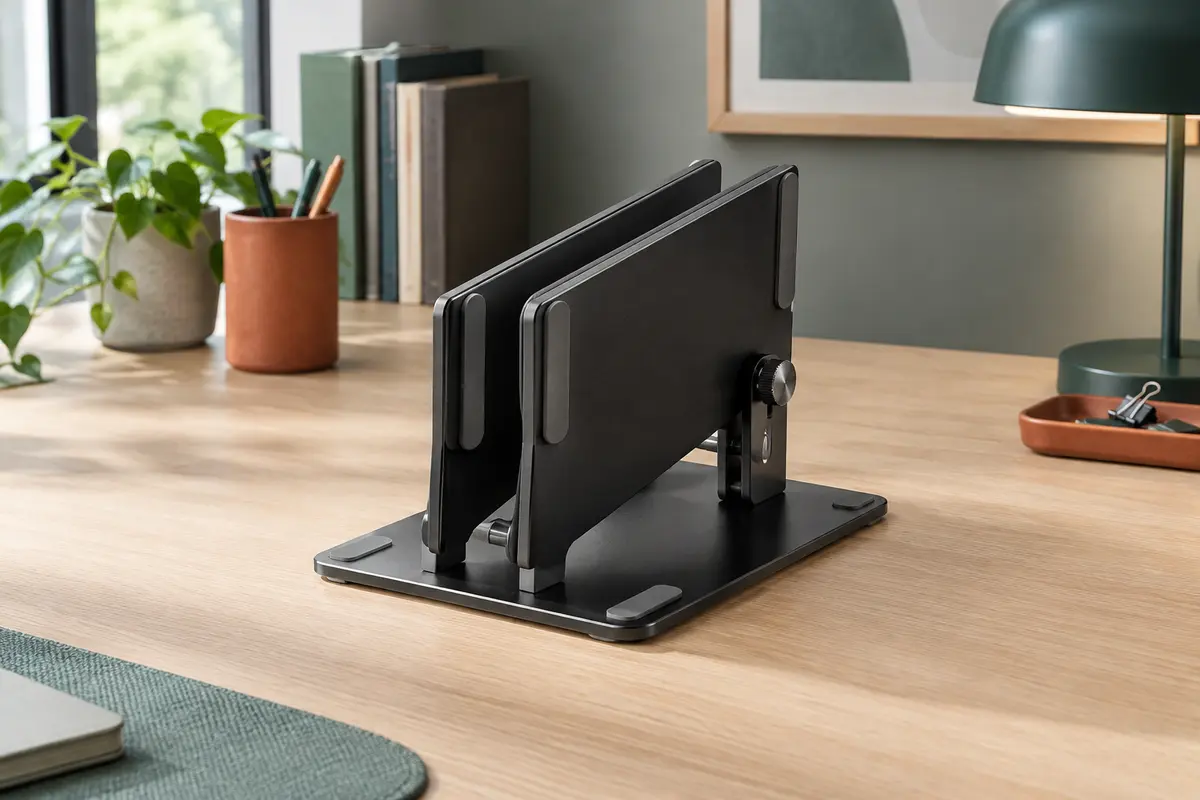 Support vertical double noir avec logements réglables, rainures en silicone et base antidérapante sur un bureau
