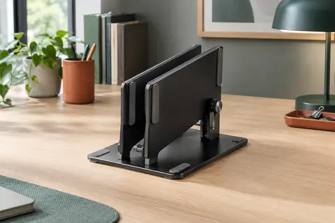 Support vertical double noir avec logements réglables, rainures en silicone et base antidérapante sur un bureau