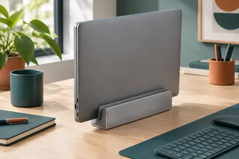 Socle vertical en aluminium gris mat à rainure en U réglable, avec un ordinateur portable fermé rangé debout, sur un bureau en bois clair