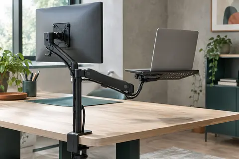 Bras articulé noir avec écran et ordinateur portable sur plateau ajouré, fixé au bord d’un bureau.