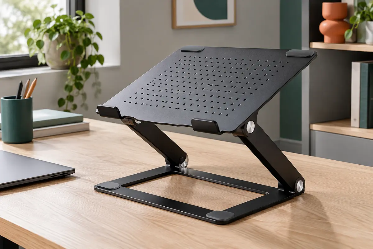 Support BoYata noir en aluminium, articulé en Z, avec plateforme perforée sur un bureau en bois clair.