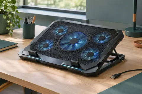 Base de refroidissement CoolBox noire avec cinq ventilateurs et support inclinable posée sur un bureau