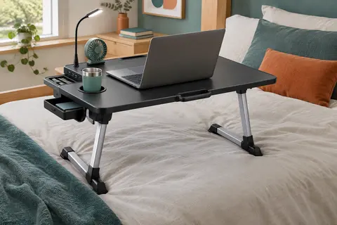 Table de lit pliante noire avec ports USB, poignée, tiroir latéral et accessoires intégrés