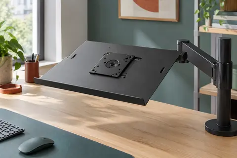 Plateau adaptateur noir Drall avec rebord avant, posé sur un support VESA dans un espace de travail.