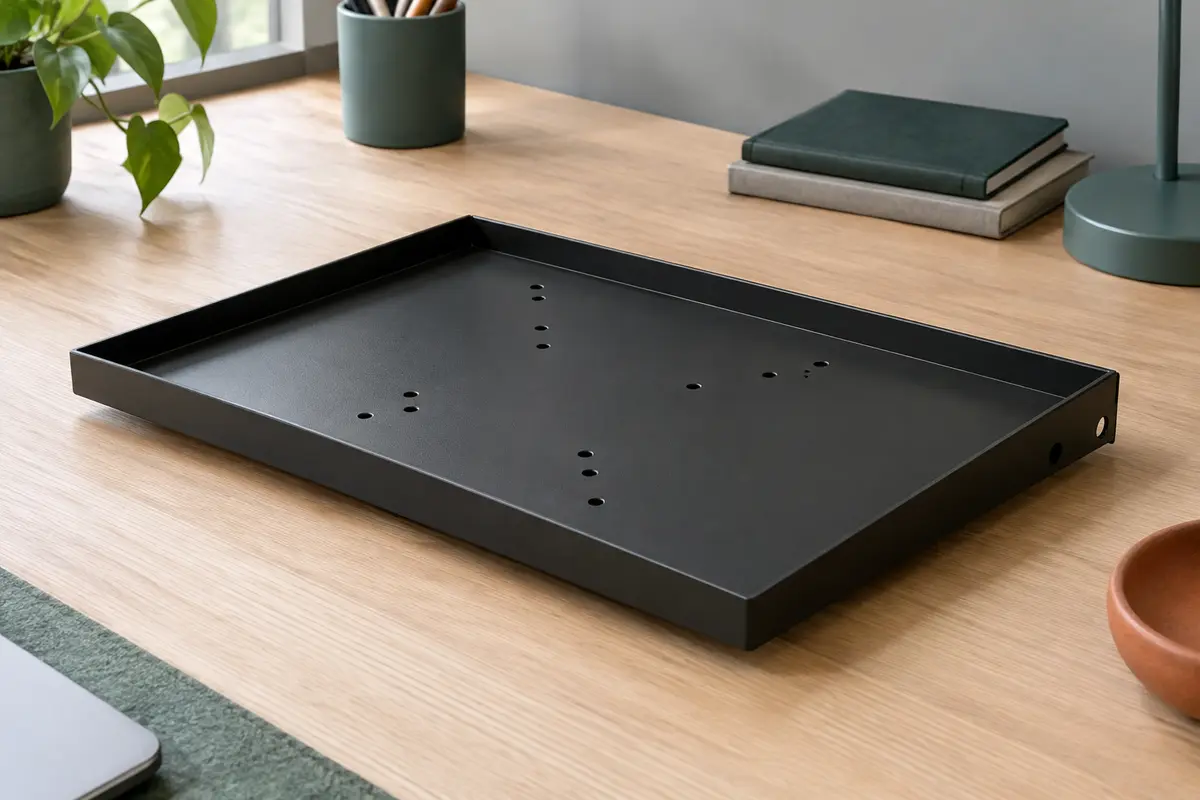 Plateau noir en acier Drall IP3B avec rebord de 2 cm et fixation VESA 75, posé sur un bureau