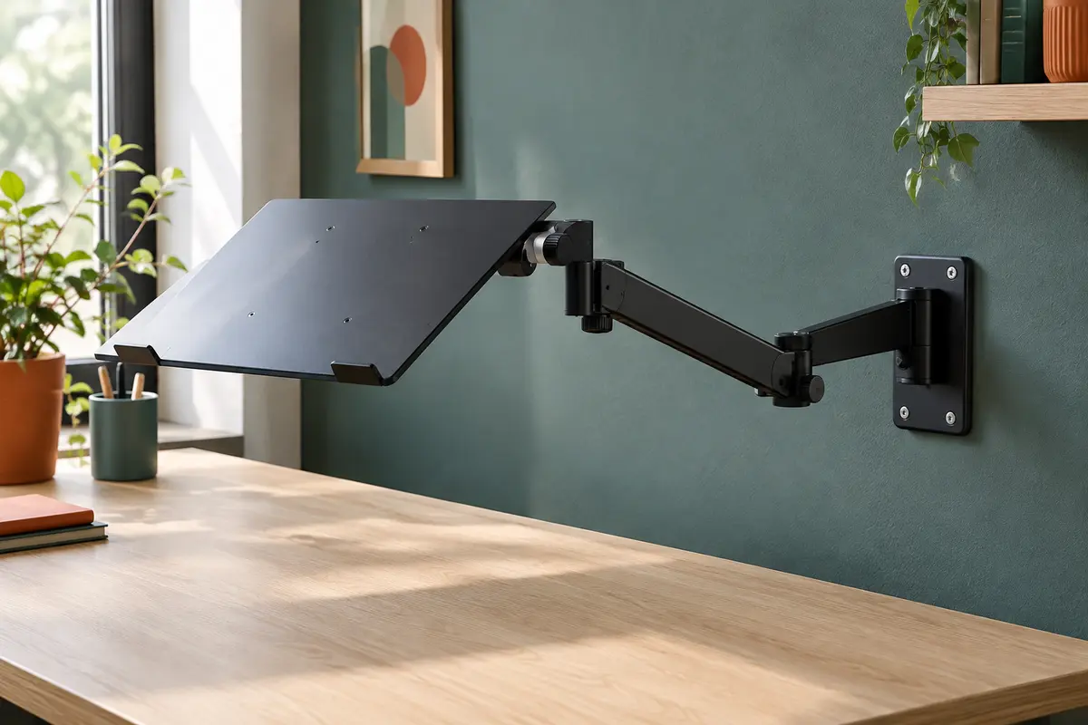 Support mural noir avec bras articulé et plateau rectangulaire pour ordinateur portable, fixé près d’un bureau.