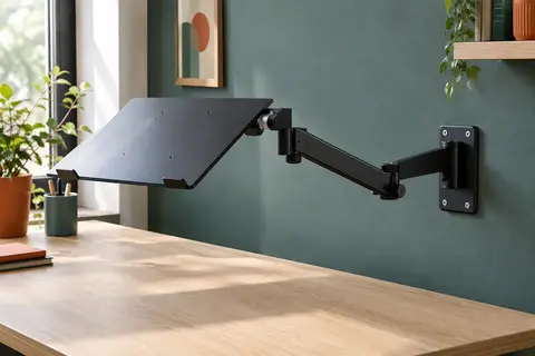 Support mural noir avec bras articulé et plateau rectangulaire pour ordinateur portable, fixé près d’un bureau.