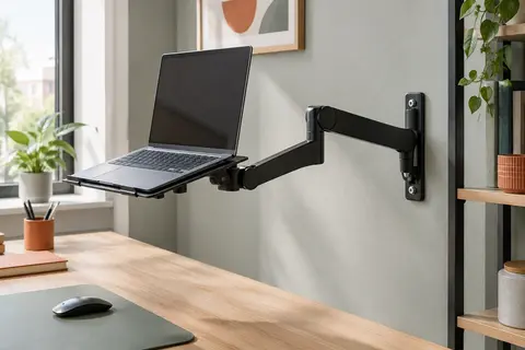 Support mural noir Drall avec plaque d’adaptation inclinable et ordinateur portable installé au-dessus d’un bureau.