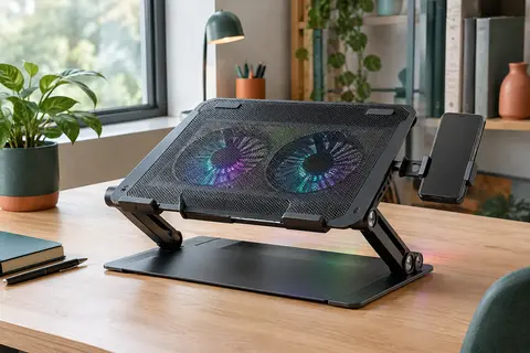 Support ventilé noir en métal pour ordinateur portable, avec ventilateurs, écran LCD et éclairage RGB sur un bureau.