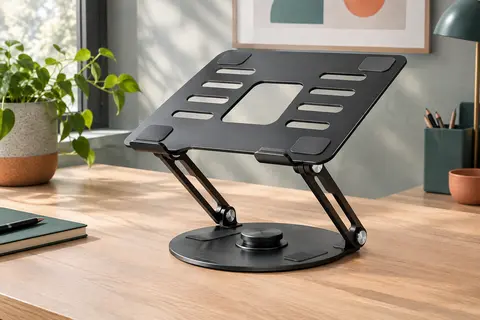 Support d’ordinateur portable pliable en aluminium noir avec plateforme réglable et base pivotante